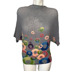 Vanite Couture Crinkle Blouse Gray Blue Print Mock Neck Top One Size Art to Wear